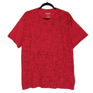 HAND DRAWN GILDAN Face Portrait Print Red Short Sleeve Crewneck T Shirt Large